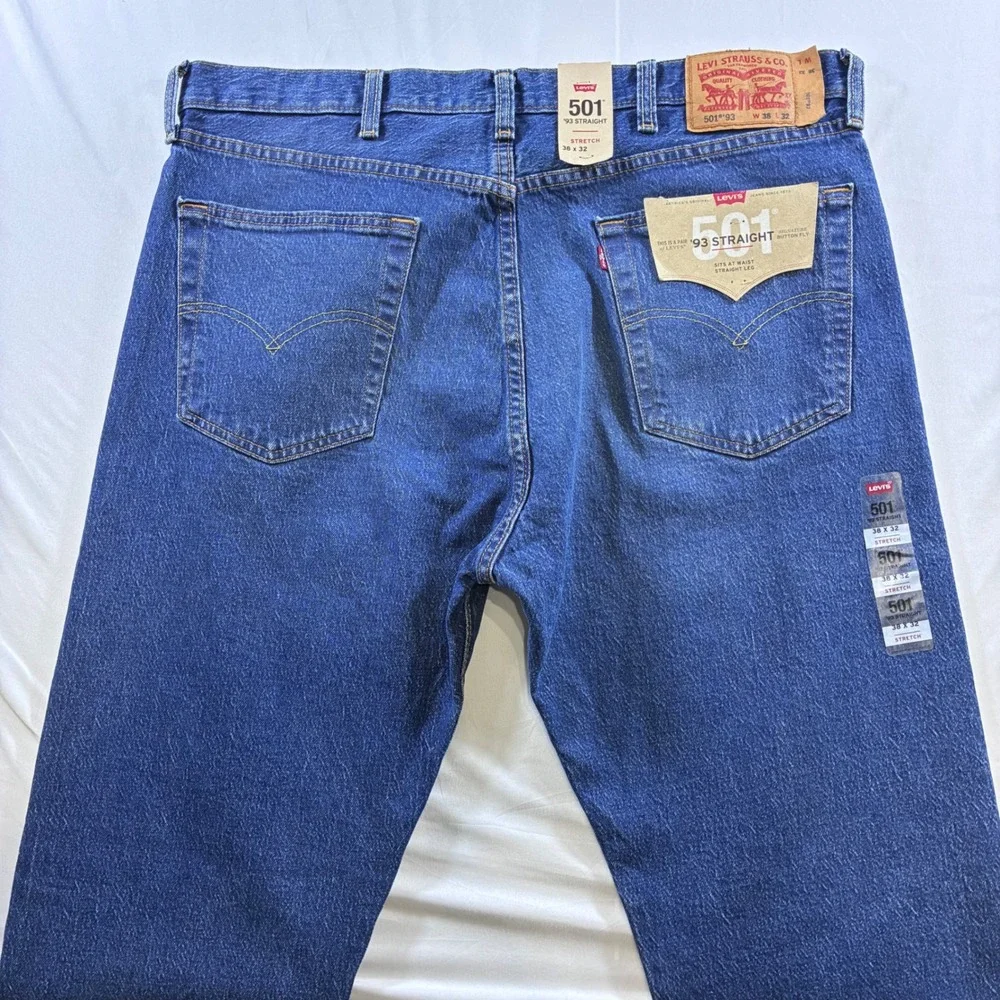 Levis 501 93 Straight Jeans Mens 38x32 Blue Stretch Denim Button Fly New